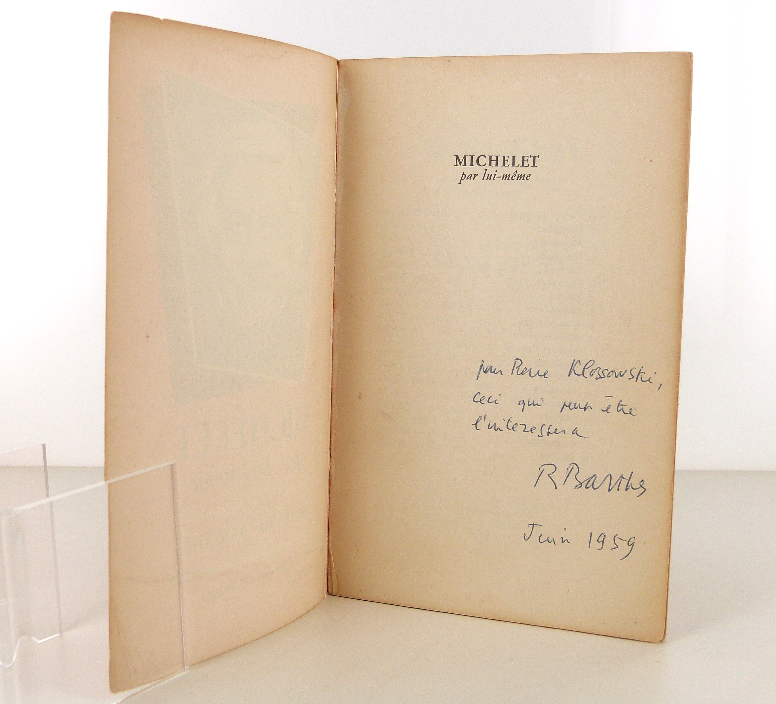 Envoi autographe de Roland Barthes à Pierre Klossowski