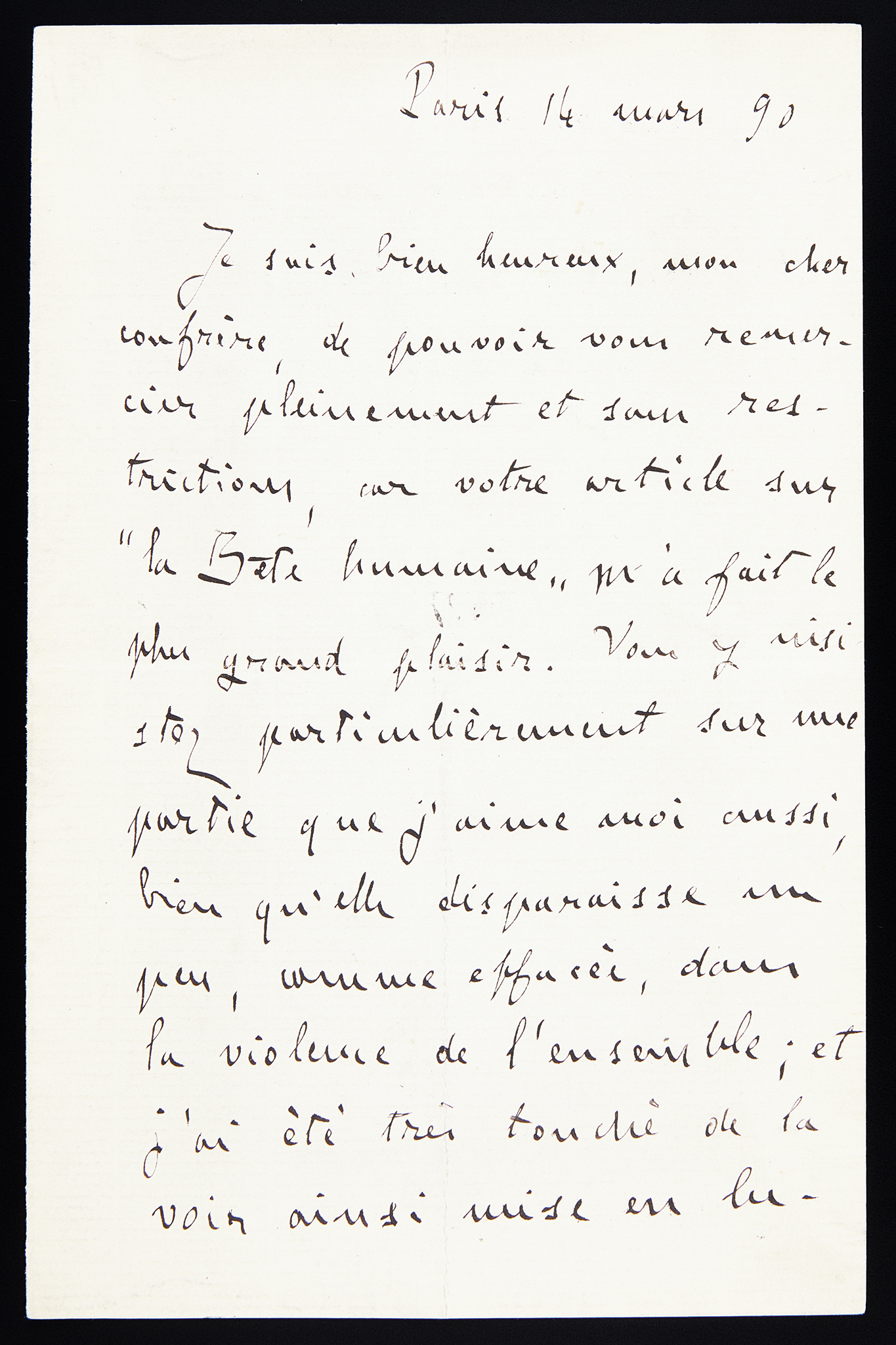 Lettre autographe signée Zola au sujet de La Bête humaine