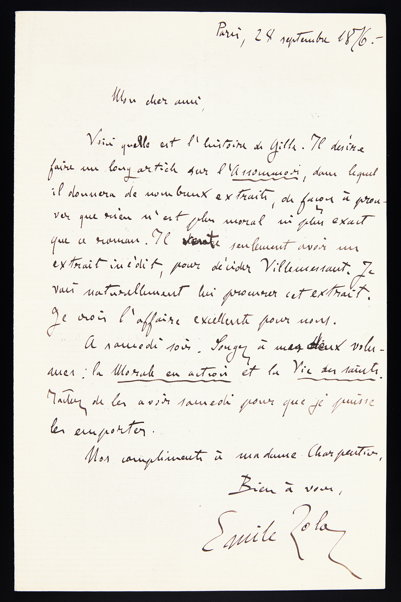 Lettre autographe signée Zola au sujet de L'Assommoir