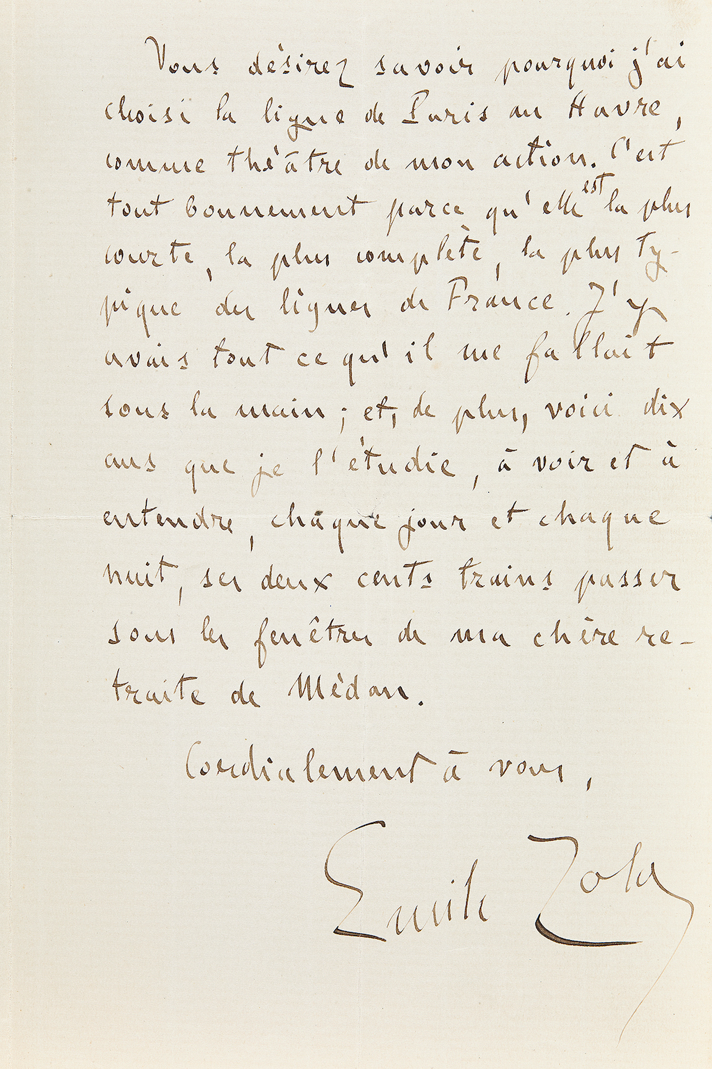 Lettre autographe signée Zola au sujet de La Bête humaine